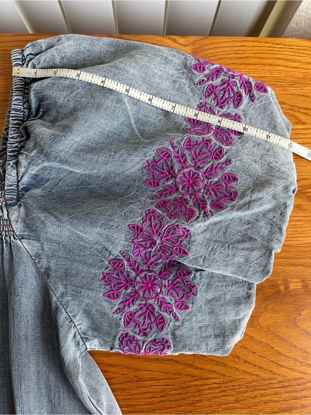 Easel Washed Denim Embroidered Puff Sleeve Dress Medium - Picture 14 of 16